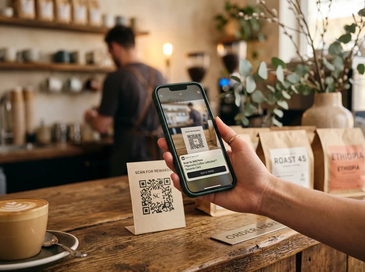 Customer scanning mobile wallet pass on countertop