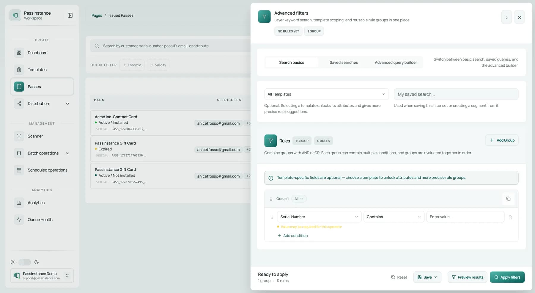 Passinstance advanced filters interface