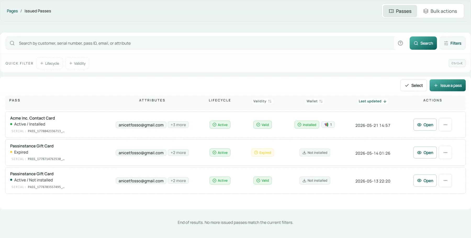 Issued passes list with lifecycle and wallet installation status