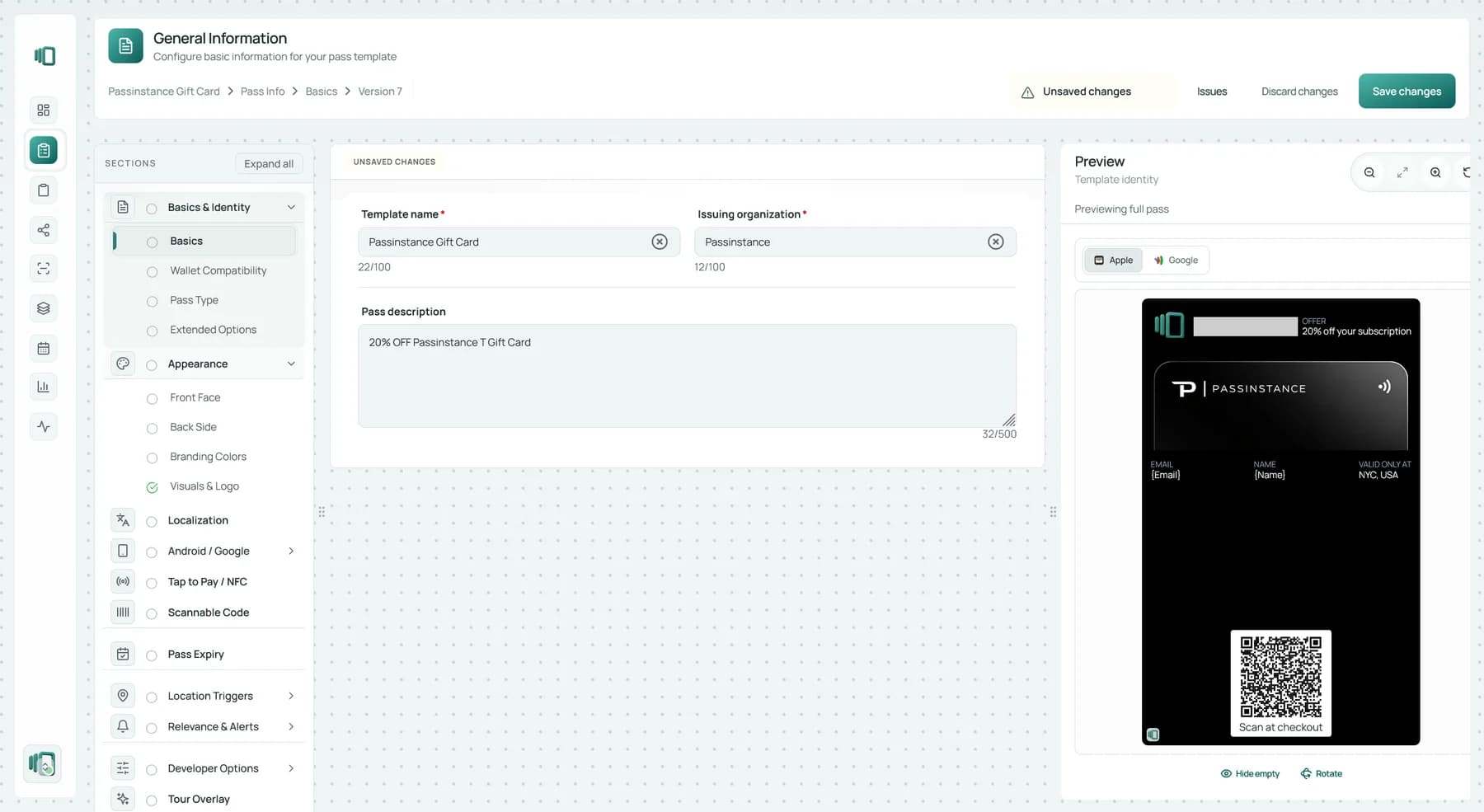Pass template editor with live wallet preview