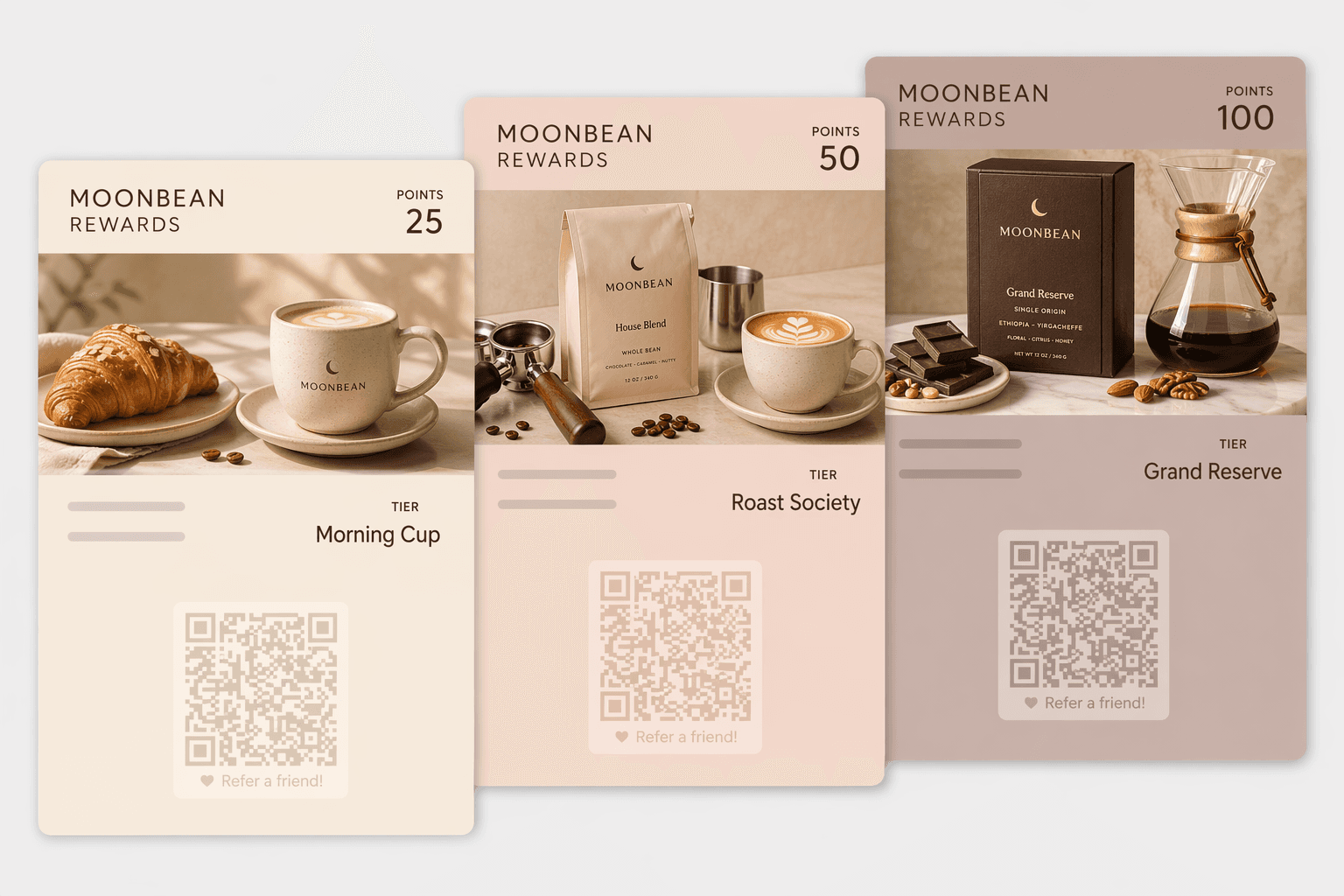 Moonbean Rewards loyalty pass — three tier levels