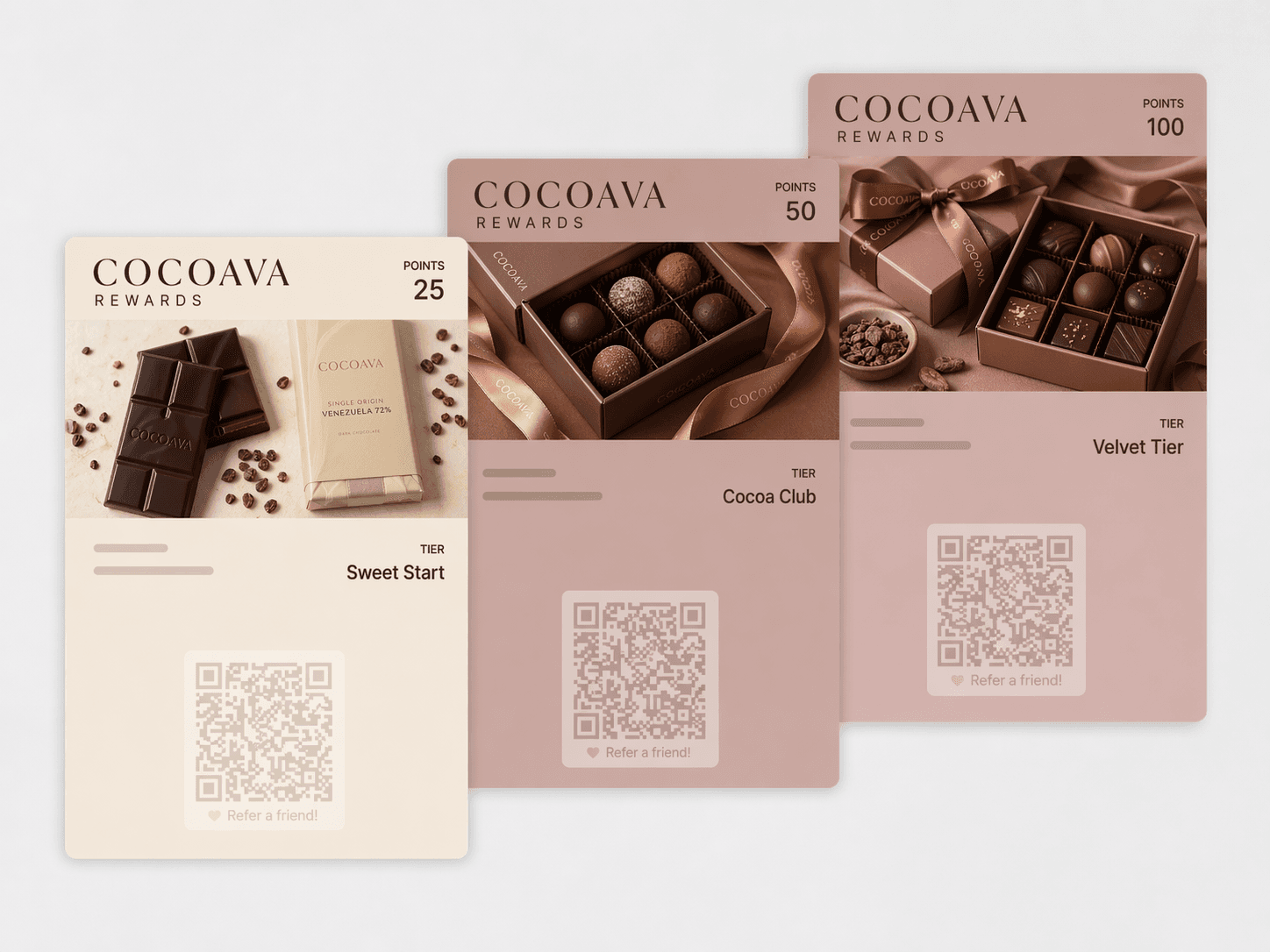 Cocoava Rewards loyalty pass — chocolate brand tiers