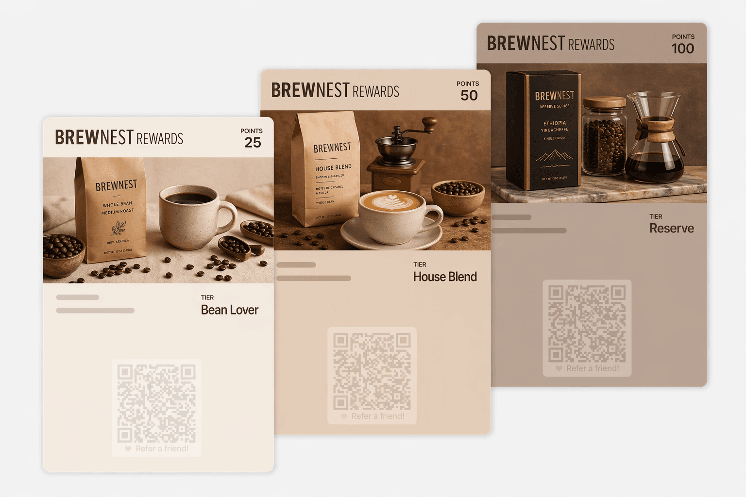Brewnest Rewards loyalty pass — three tier levels
