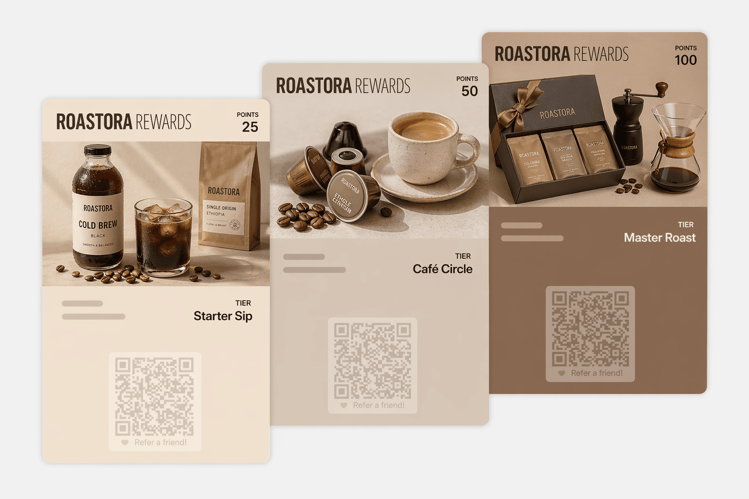 Roastora Rewards loyalty pass — three tier levels