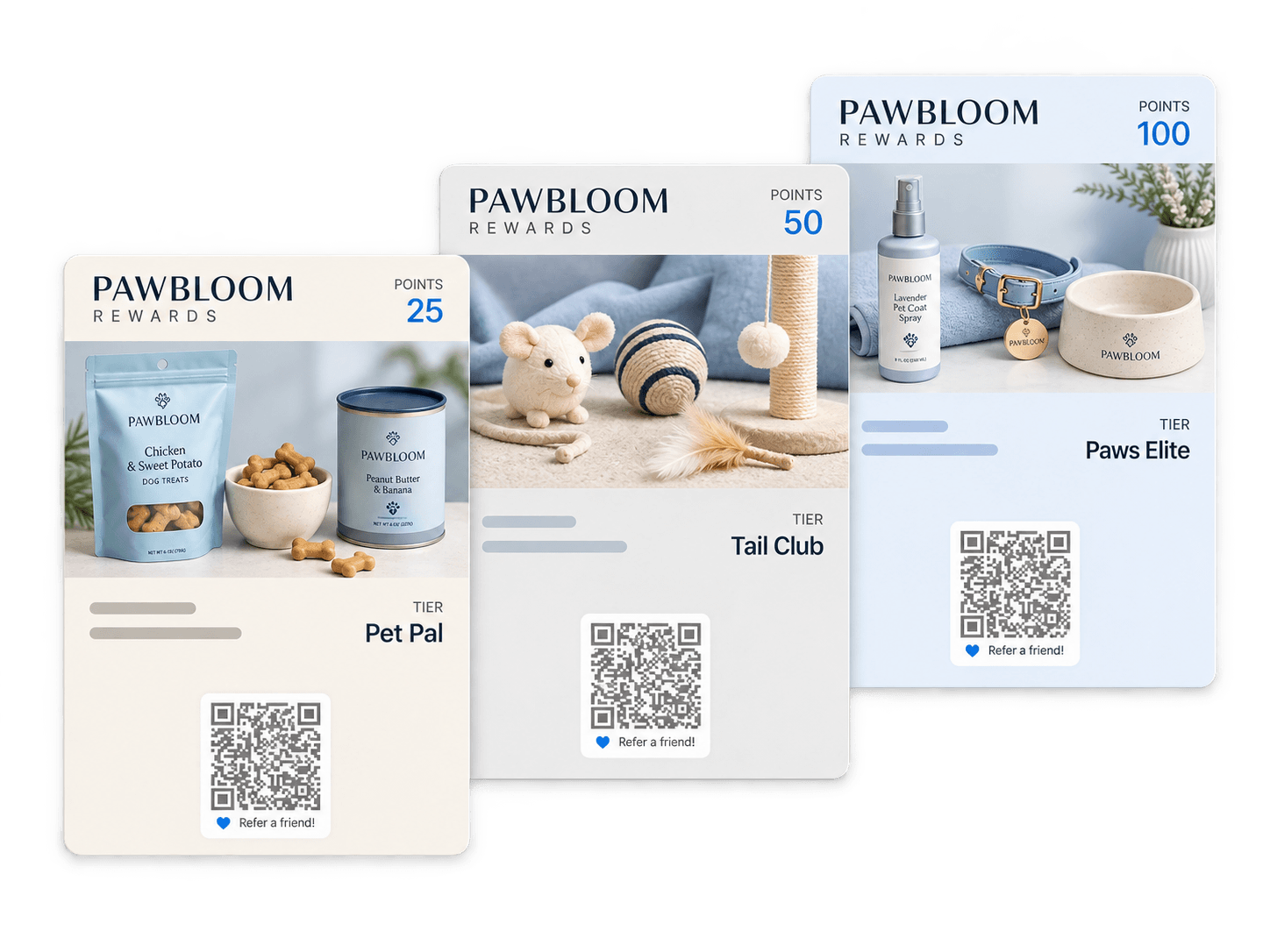 Pawbloom 3-tier loyalty program pass in Apple Wallet and Google Wallet