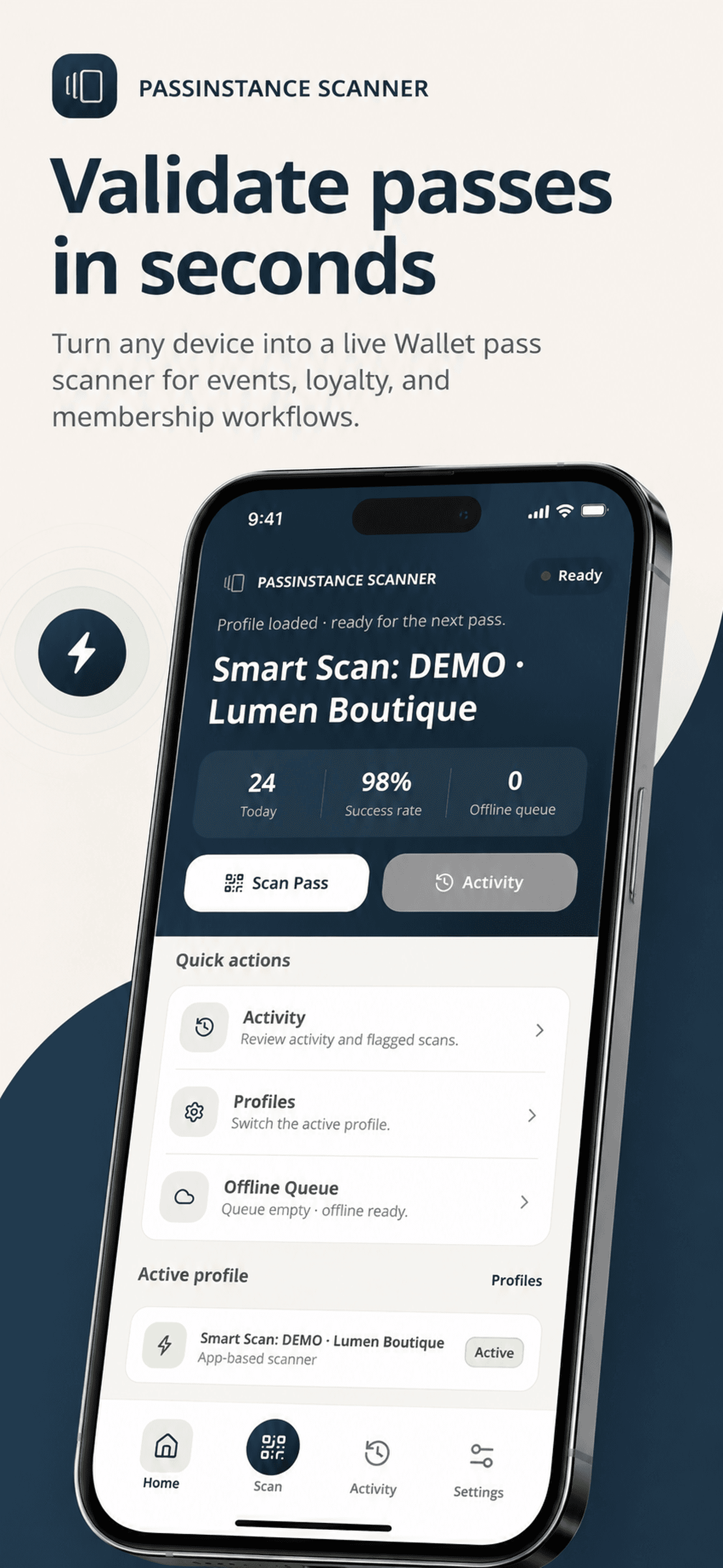 Passinstance Scanner dashboard for Wallet pass validation
