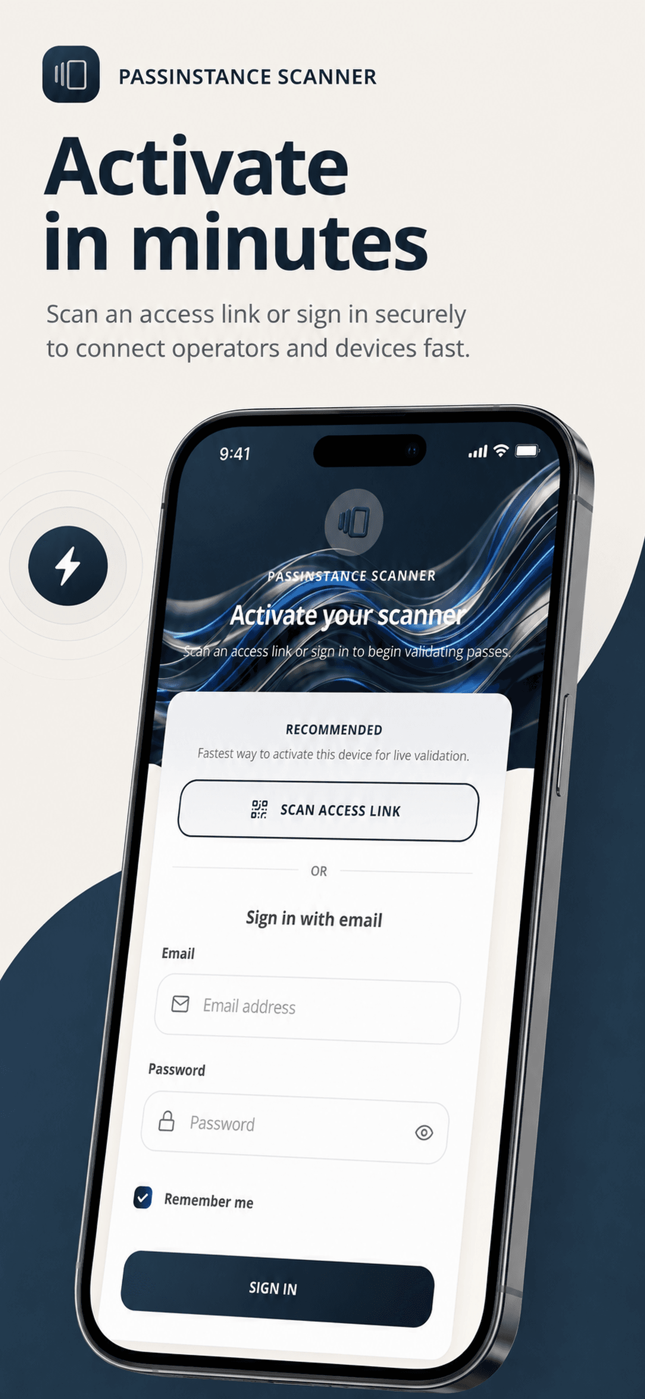 Passinstance Scanner secure device activation screen
