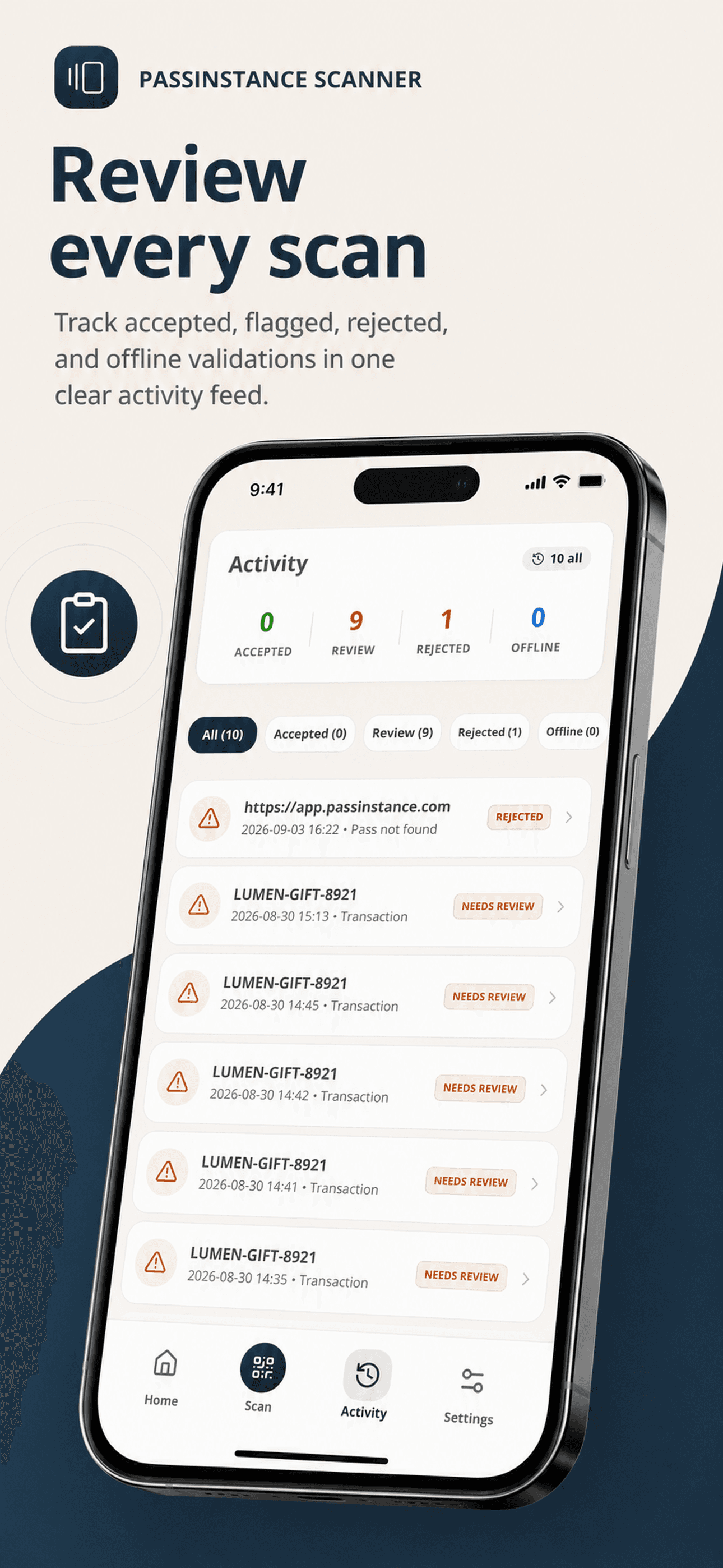 Passinstance Scanner validation activity history