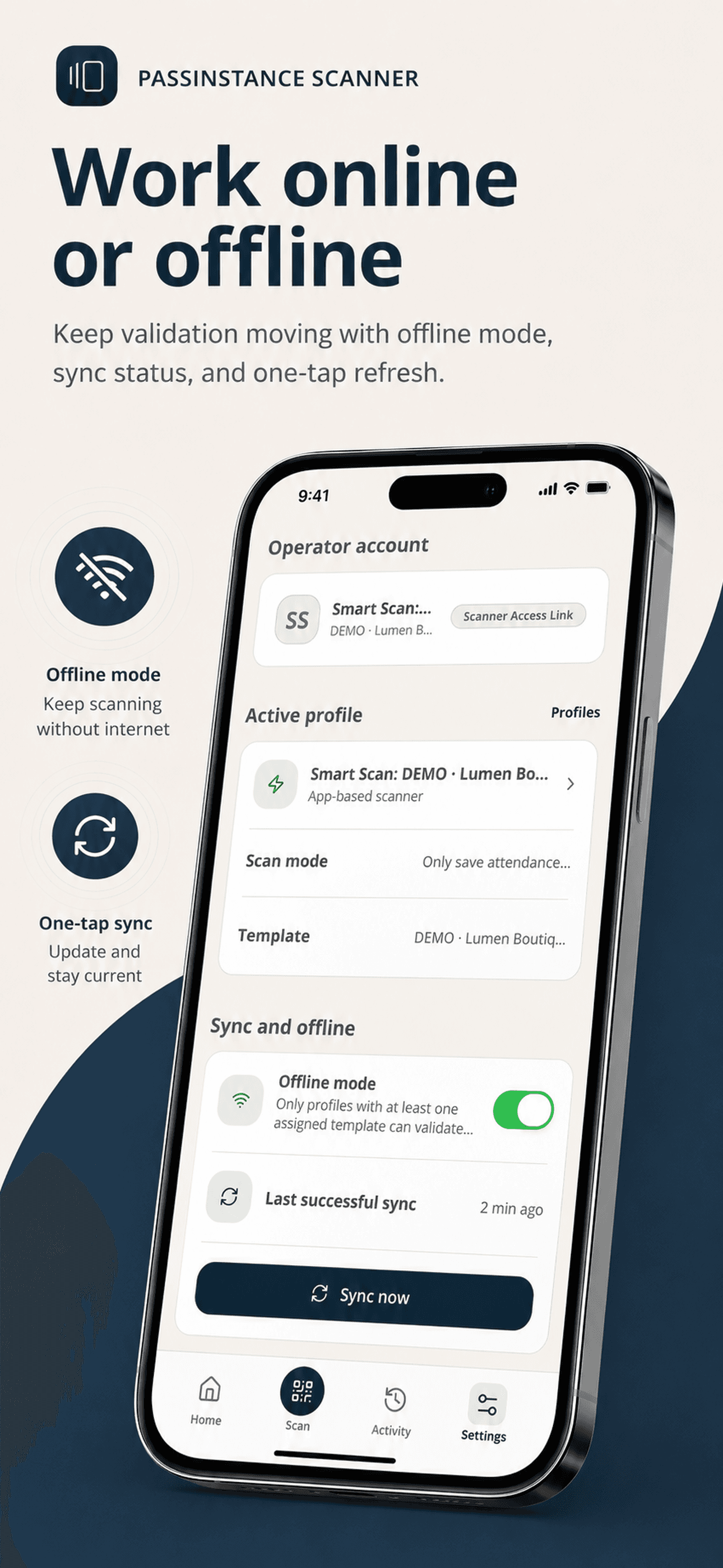 Passinstance Scanner offline mode and synchronization settings